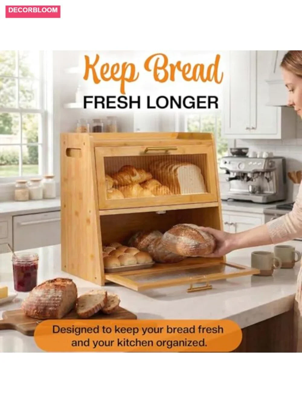 Extra Large Bamboo Bread Box Double Layer Wooden Storage with Acrylic Windows